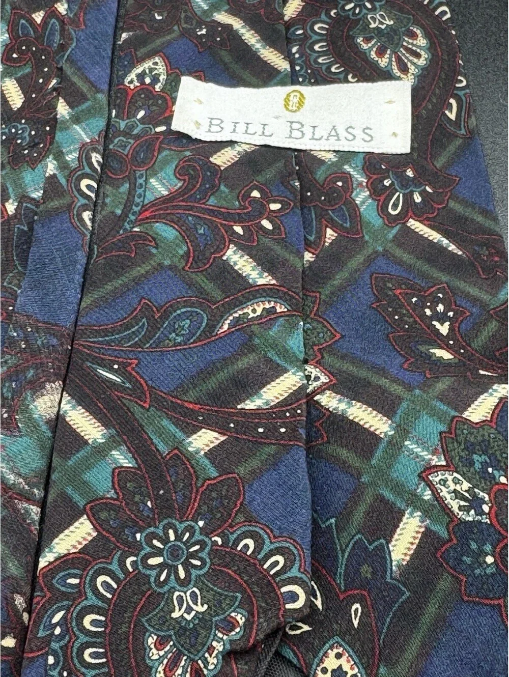 Vintage Bill Blass Silk Tie Navy Plaid Paisley 56” x 3.75” Classic